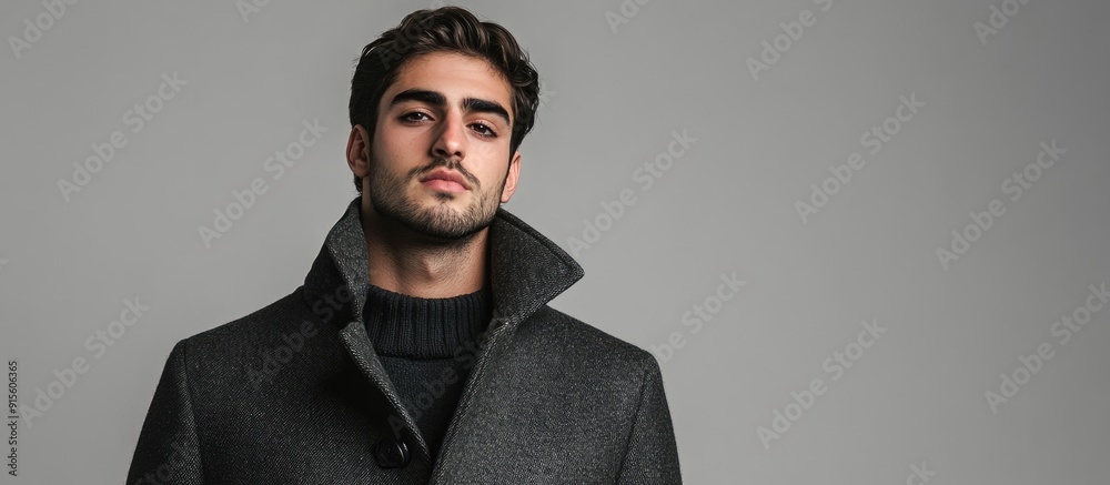 Aufkleber Young man wearing a coat on a gray backdrop. with copy space image. Place for adding text or design