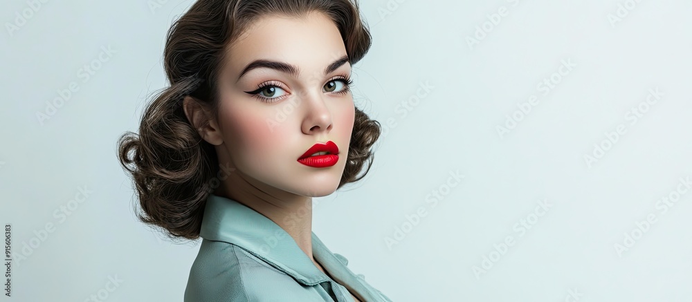 Poster portrait of a beautiful young woman dressed in retro fashion against a white background. with copy s