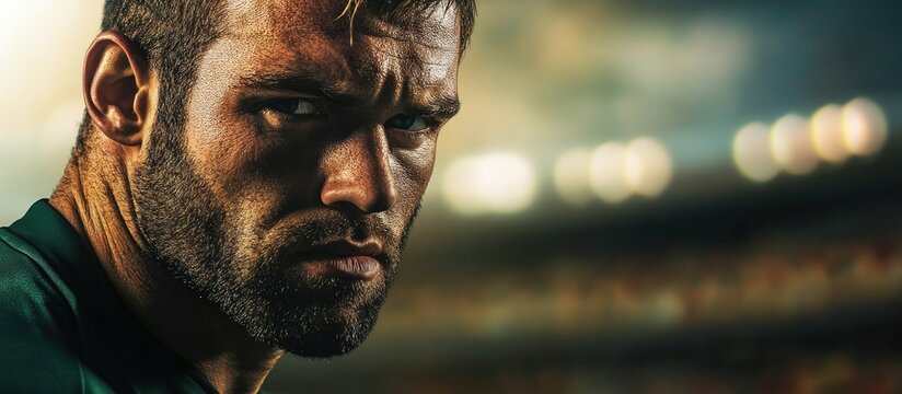 Close up portrait of a focused rugby player in front of a rugby stadium. with copy space image. Place for adding text or design