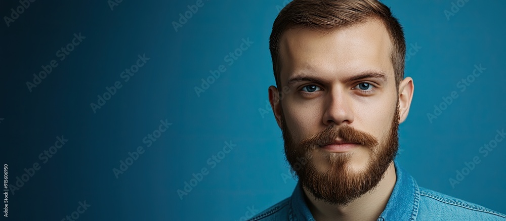 Aufkleber attractive young man with a beard and mustache in front of a blue background studio portrait. with c