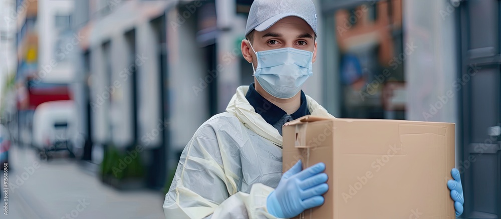 Poster Delivery person wearing a medical mask and gloves is holding a large white empty billboard with copyspace a place for text This represents the delivery service concept