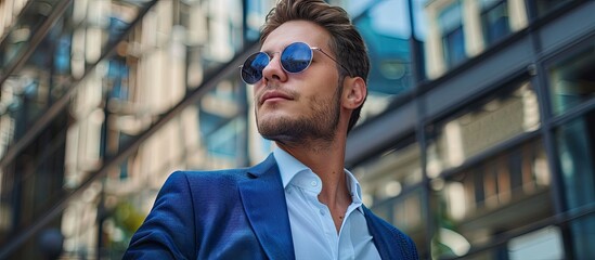 Portrait of a attractive young businessman wearing sunglasses. with copy space image. Place for adding text or design