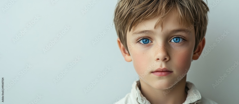 Aufkleber appealing boy with blue eyes wearing an unbuttoned shirt. with copy space image. place for adding te