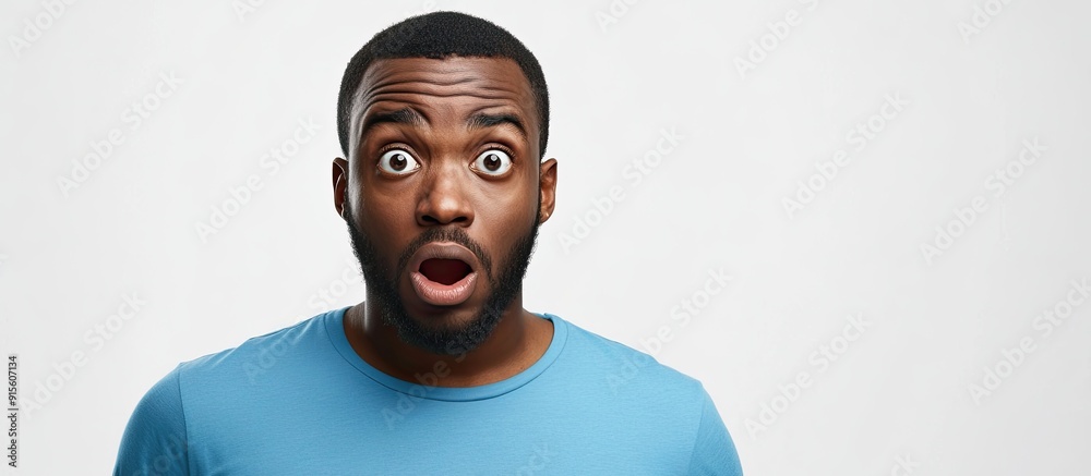 Poster a shocked african american man in a blue t shirt has a bewildered look on his face against a plain w
