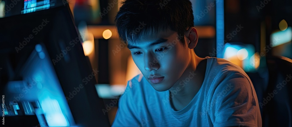 Poster portrait of a young asian man working on a computer in a dimly lit cyber environment copy space