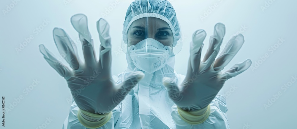 Poster Delivery person wearing a medical mask and gloves is holding a large white empty billboard with copyspace a place for text This represents the delivery service concept