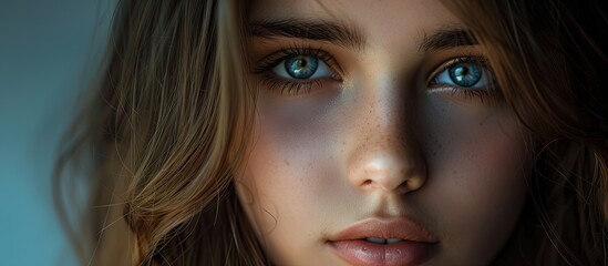 Close up portrait of a young Caucasian girl gazing at the camera featuring dual lighting in a studio setting with copy space