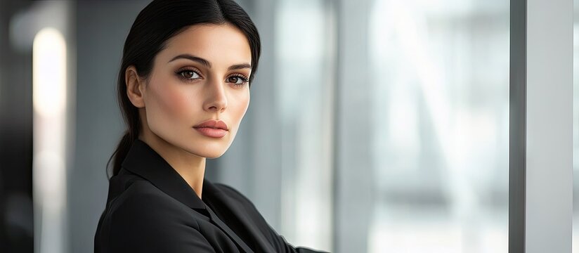 Businesswoman leaning against a desk in the office and gazing at the camera. with copy space image. Place for adding text or design