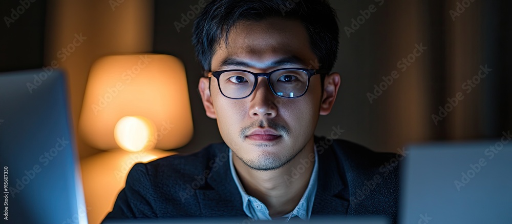 Poster Asian man using a personal computer. with copy space image. Place for adding text or design