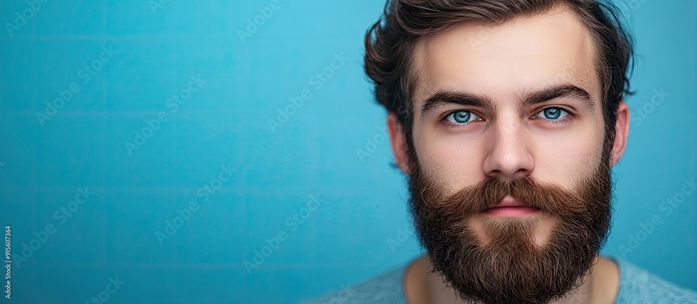 Aufkleber attractive young man with a beard and mustache in front of a blue background studio portrait. with c