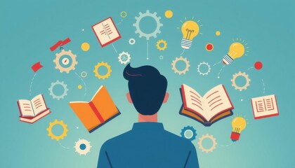an individual surrounded by a circle of floating educational symbols such as books gears and lightbulbs vector illustration representing intelligence and the wisdom states