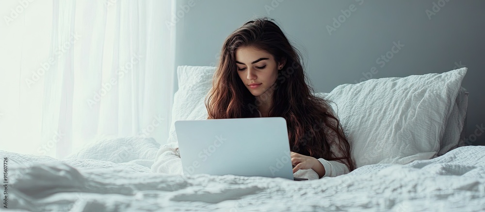 Poster Brunette using a laptop while on the bed. with copy space image. Place for adding text or design