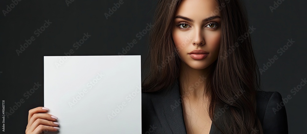 Poster young businesswoman presenting a blank sheet of paper. with copy space image. place for adding text 