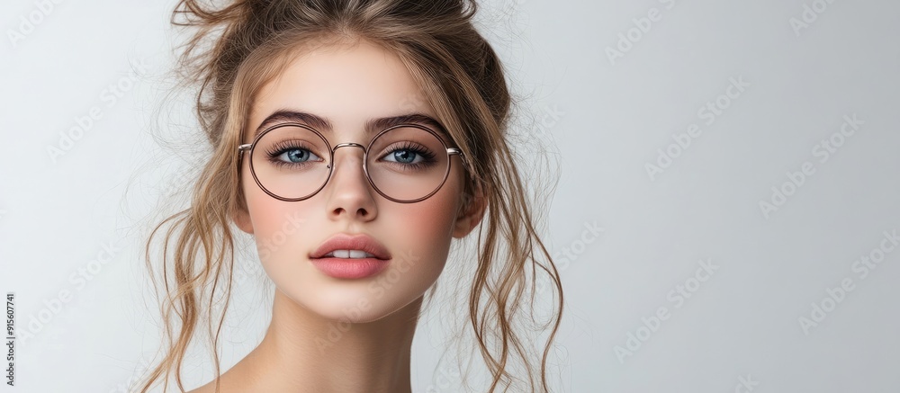 Poster attractive girl wearing new glasses. with copy space image. place for adding text or design