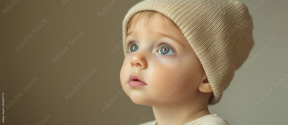 Poster an adorable little baby boy in a fabric hat gazes at something the close up of his face reveals chil