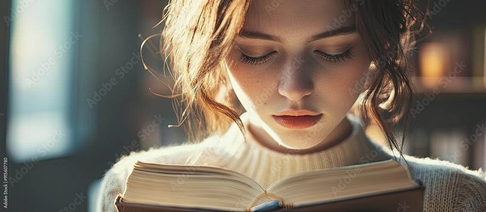 Poster Close up of a female student with books. with copy space image. Place for adding text or design