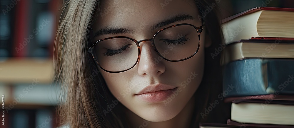 Aufkleber Close up of a female student with books. with copy space image. Place for adding text or design