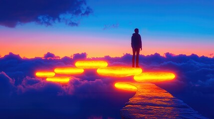 Fototapeta premium A silhouette stands on glowing paths among vibrant clouds during a breathtaking sunset, evoking feelings of wonder and exploration.