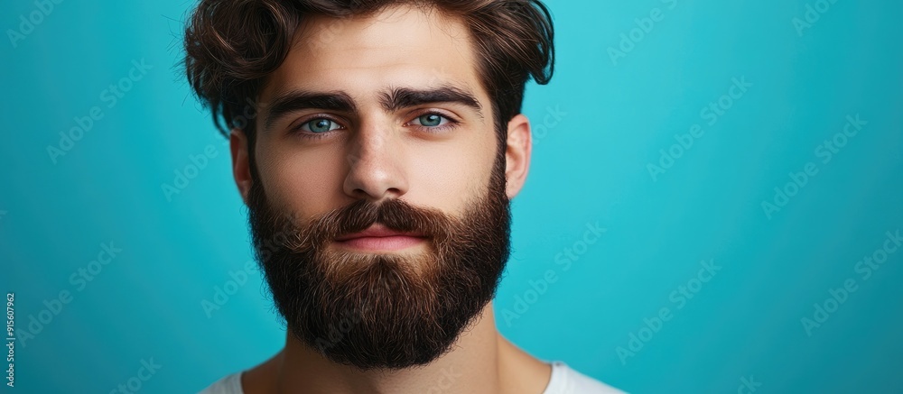 Aufkleber attractive young man with a beard and mustache in front of a blue background studio portrait. with c