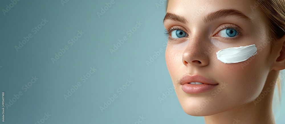Poster portrait of a young woman applying skin cream to her face. with copy space image. place for adding t