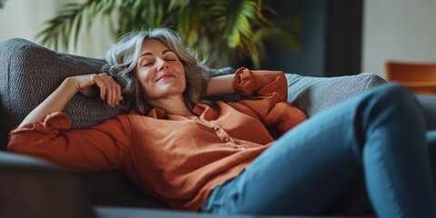Fototapeta premium A woman is lying down on a couch with her eyes closed, likely taking a break or sleeping