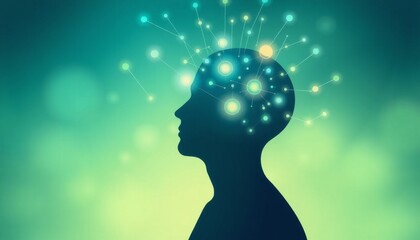 Obraz premium vector art of a person with glowing symbols of knowledge emanating from their head surrounded by interconnected lines against a soft gradient backdrop in blues and greens