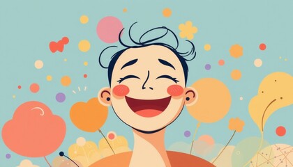 vector illustration of a happy person with eyes closed and a big smile surrounded by whimsical colorful shapes representing pure joy and contentment