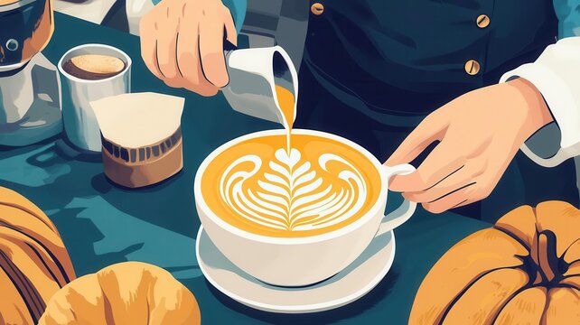 Pumpkin spice latte art, barista creating designs, flat design illustration