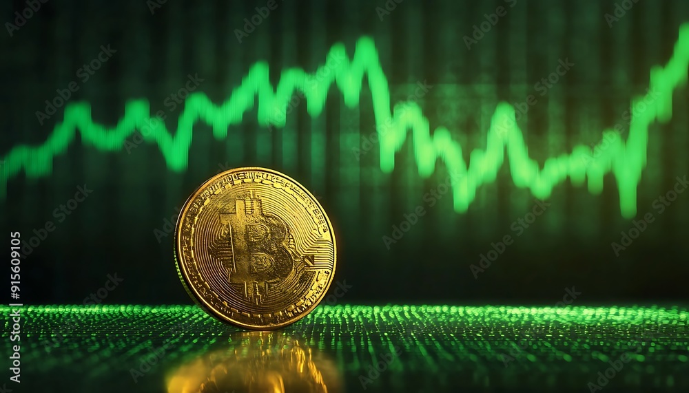 Aufkleber Golden Coin in Front of Green Financial Chart Showing a Sharp Rise with Glowing Lines and Reflective Surfaces
