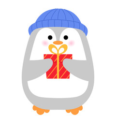 cute penguin is wearing blue beanie and holding red christmas gift illustration 