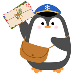 cute penguin is wearing postman hat and brown bag , holding a christmas letter illustration