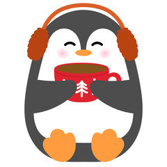 cute penguin is wearing a brown earmuffs and enjoy a hot cocoa in christmas illustration 