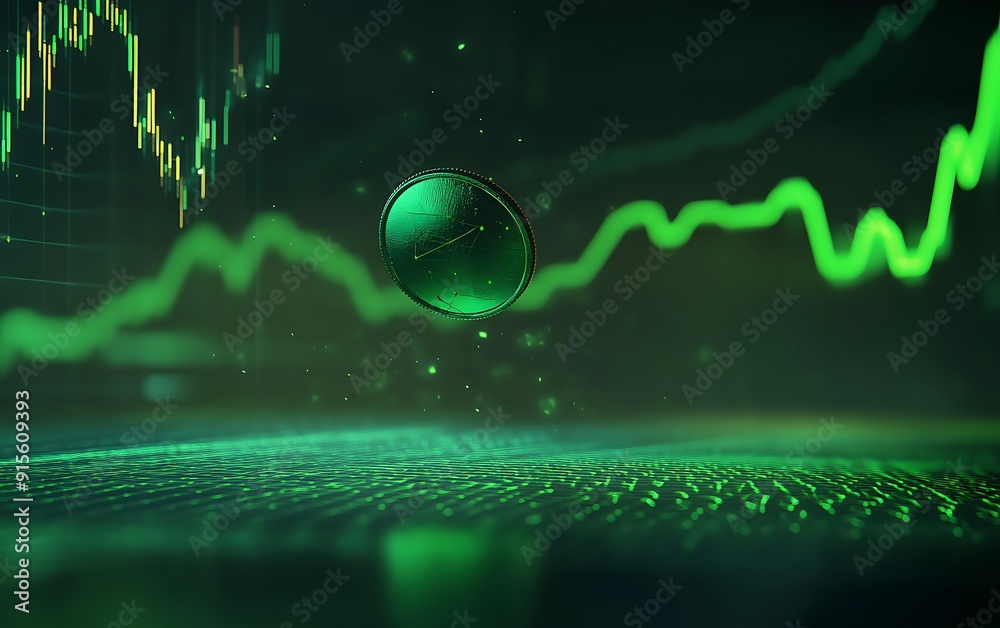 Leinwandbilder 3D Rendering of Coin Spinning with Green Stock Chart in Background Showing Upward Trend and Neon Highlights