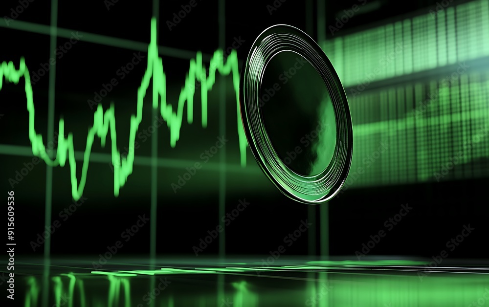 Leinwandbilder 3D Rendering of Coin Spinning with Green Stock Chart in Background Showing Upward Trend and Neon Highlights