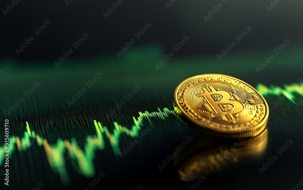 Aufkleber high-resolution image of green financial chart with golden coin in foreground on sleek, dark surface