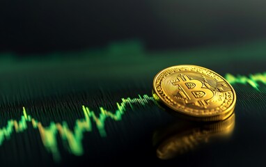 High-Resolution Image of Green Financial Chart with Golden Coin in Foreground on Sleek, Dark Surface