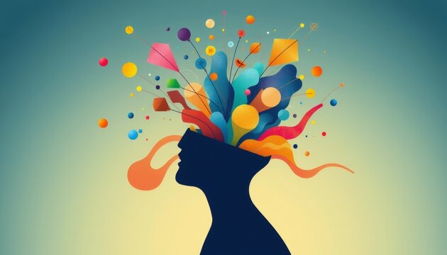 vector illustration of a person with an open mind from which colorful ideas and abstract shapes flow symbolizing creativity passion and the boundless nature of inspiration