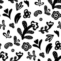 Organic abstract shapes black and white floral pattern. Leaf and flower shape organic seamless pattern