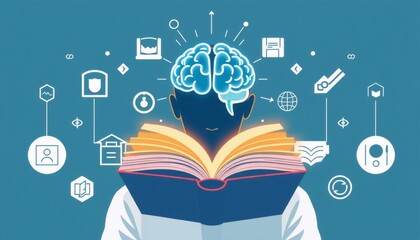 modern vector of a person with an open book in front brain depicted with glowing lines surrounded by academic icons bold colors and clean design emphasize learning and intel