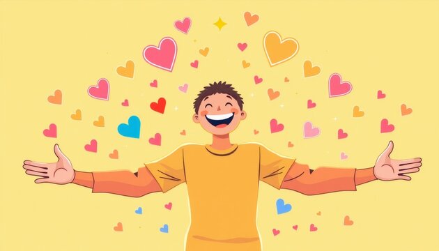 vector illustration of a smiling person with arms wide open surrounded by colorful hearts and stars bright yellow background evokes joy and happiness the person stands centr
