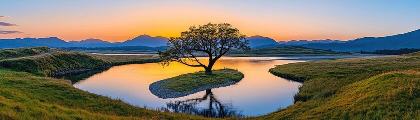 Obraz premium Stunning sunrise casting warm hues over a still river, mirrored sky, serene landscape, sunrise quiet river, peace and splendor