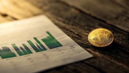 Financial Report with Green Chart and Golden Coin on Dark Wooden Surface