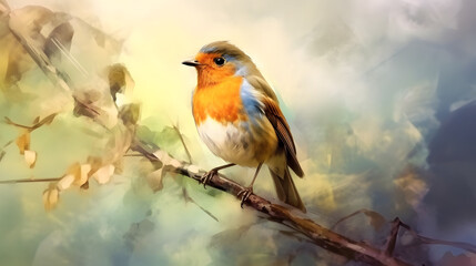 Fototapeta premium Robin Bird in nature Watercolor Style