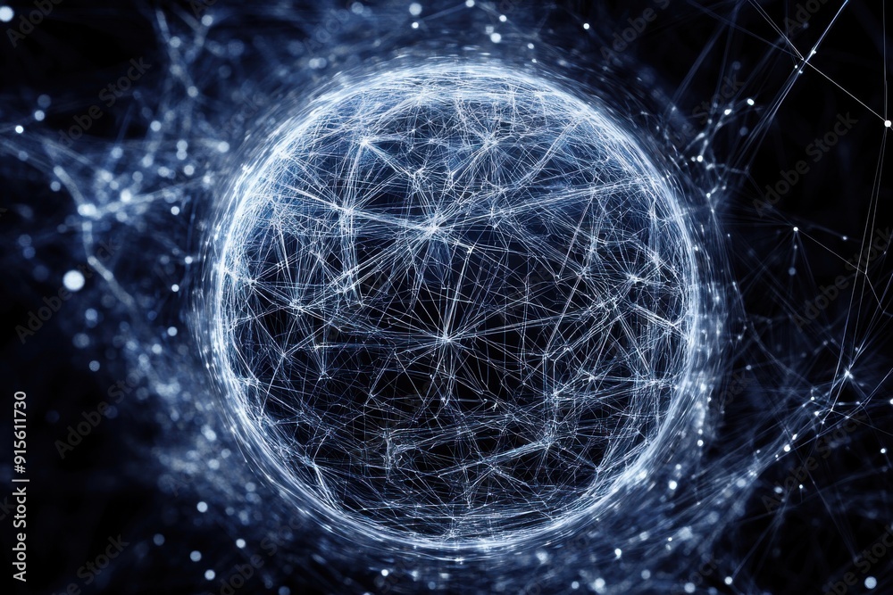 Poster spherical design showcasing linked lines in a tech-themed environment. wireframe visuals. conceptual