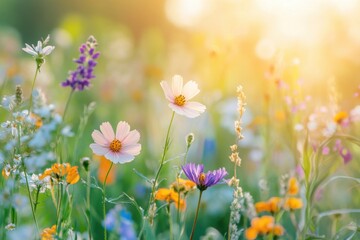Timeless scene of a meadow filled with wildflowers illuminated by soft morning rays, ideal for nature-themed designs and offering space for text or creative elements