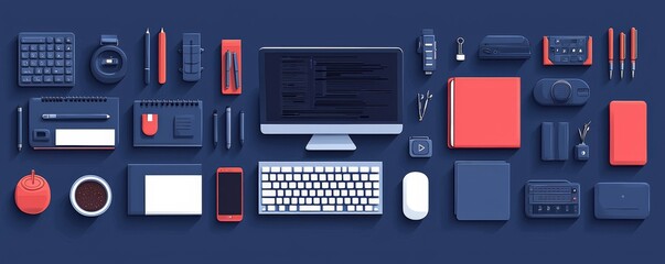 Flat lay of modern office supplies including computer, smartphone, and stationery