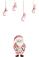 Santa christmas card. Watercolor hand drawn holiday frame square with santa claus and sweets. Clip art isolated on white background new year border. Perfect for holiday invitations