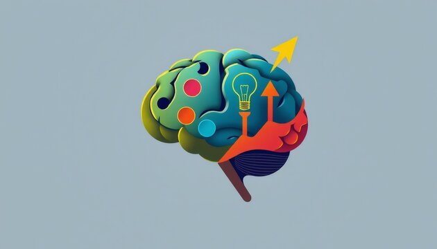 modern vector art depicting a brain with creativity shown as a palette inspiration as a light bulb and determination as a rising arrow each section seamlessly blending toget
