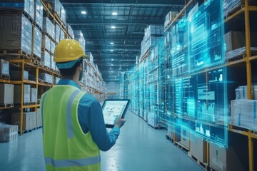 Warehouse employee using futuristic tablet technology for inventory management in a large storage facility with high shelves.