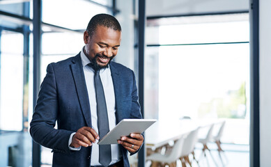Black man, happy and tablet for reading business email, communication and networking in office....